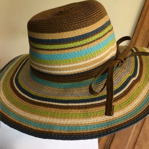 CYNTHIA ROWLEY Striped Straw Floppy Hat Blue Brown Green One Size - Picture 1 of 16
